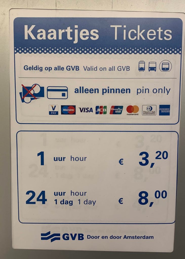 Ticket prices of the public transport in Amsterdam